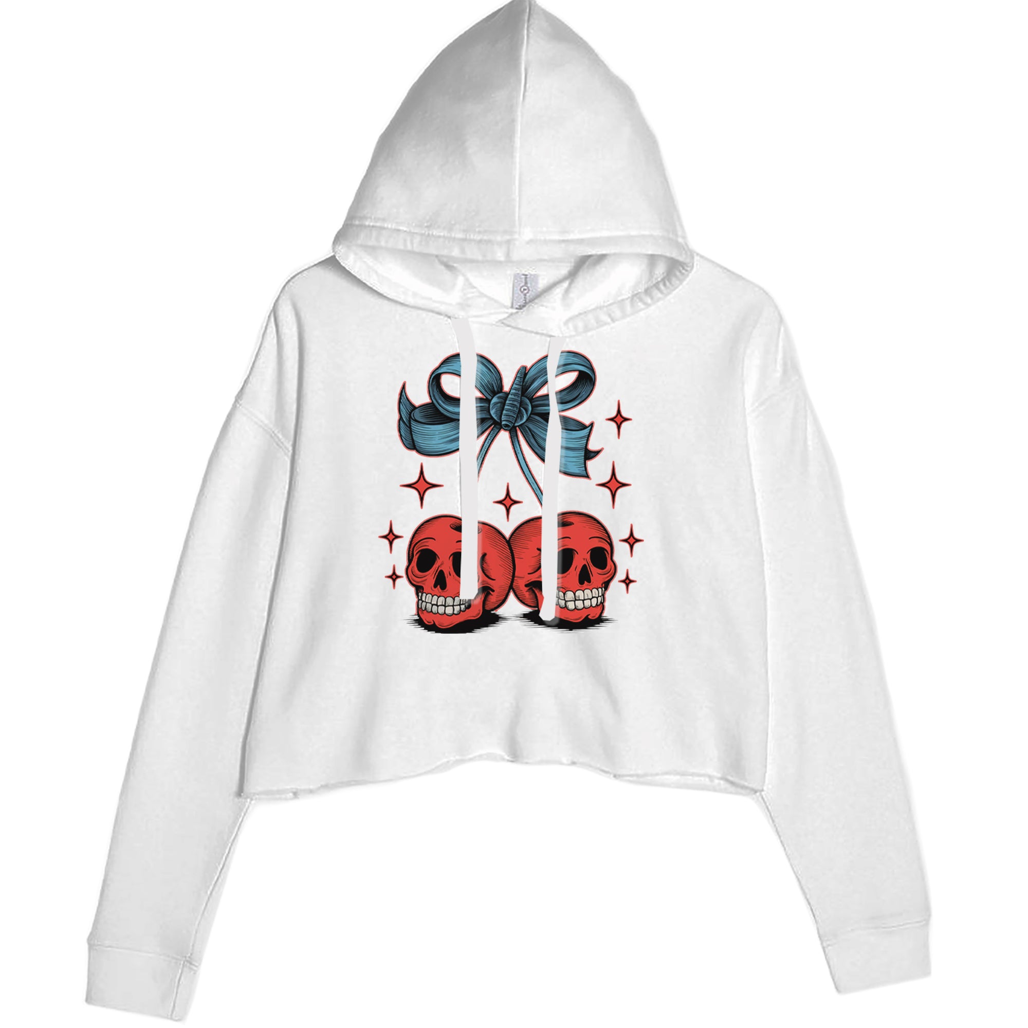 Cherry Skulls Retro Tattoo Cropped Hoodie Sweatshirt White