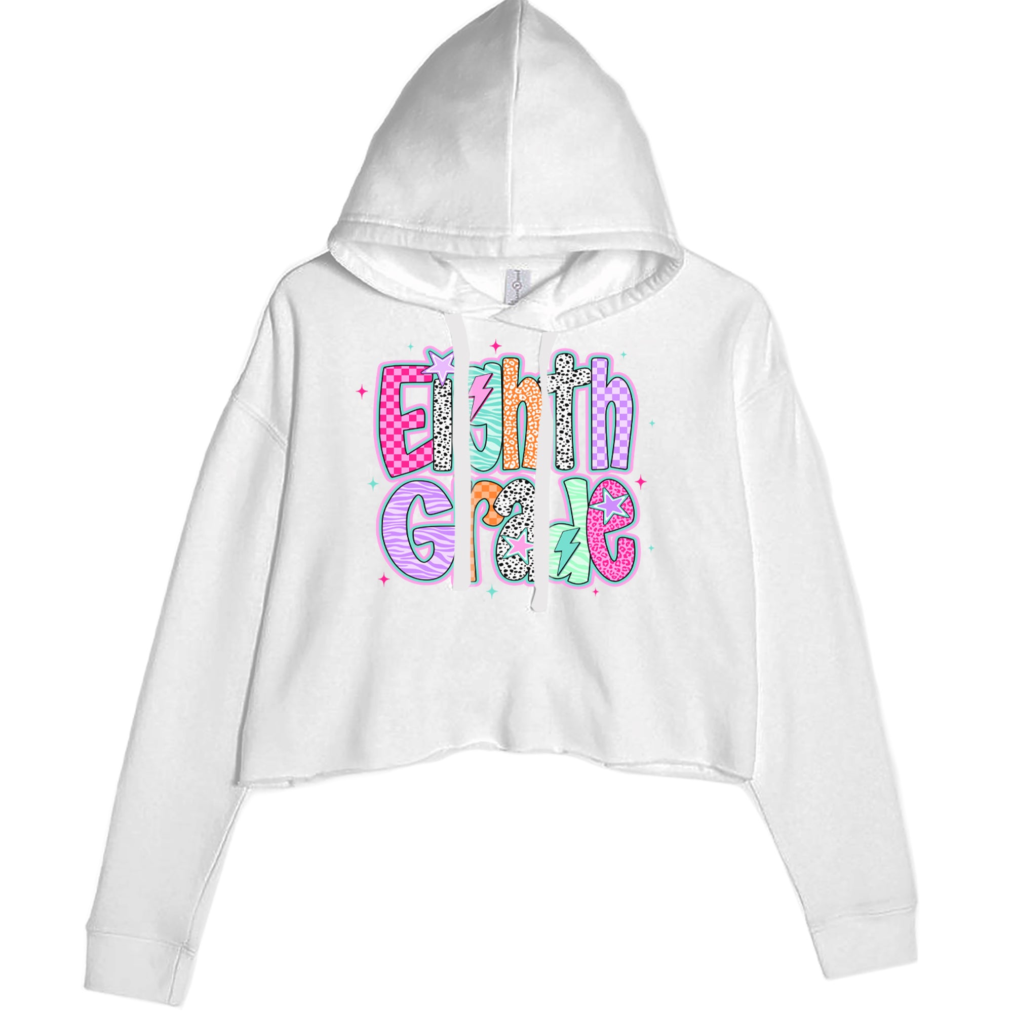 Eighth Grade Energy Colorful Back to School Cropped Hoodie Sweatshirt White