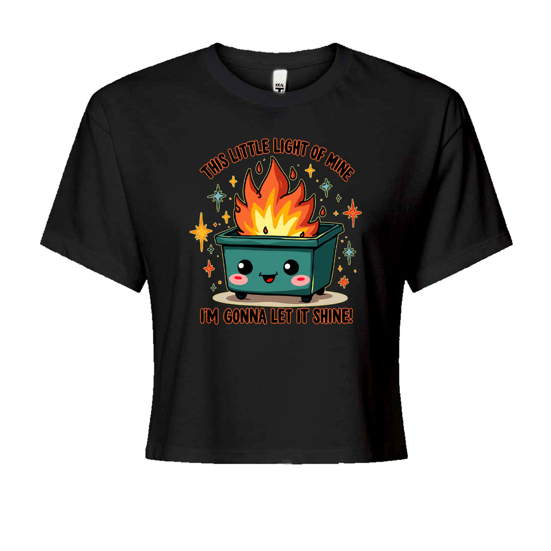 Smiling dumpster on fire graphic with upbeat line on a Women's Boxy Crop T-Shirt