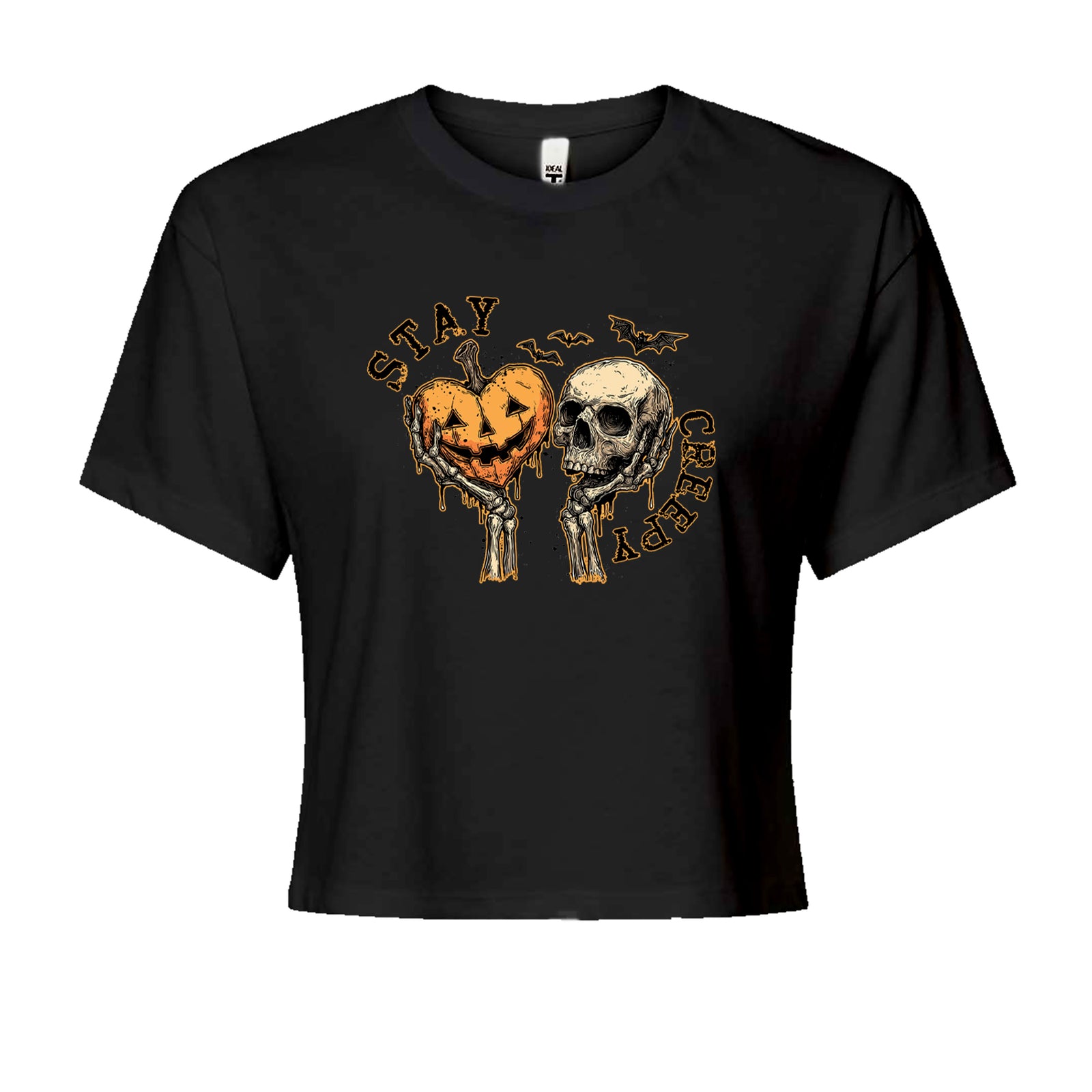 Stay Creepy Skull and Pumpkin Halloween Cropped T-Shirt Black