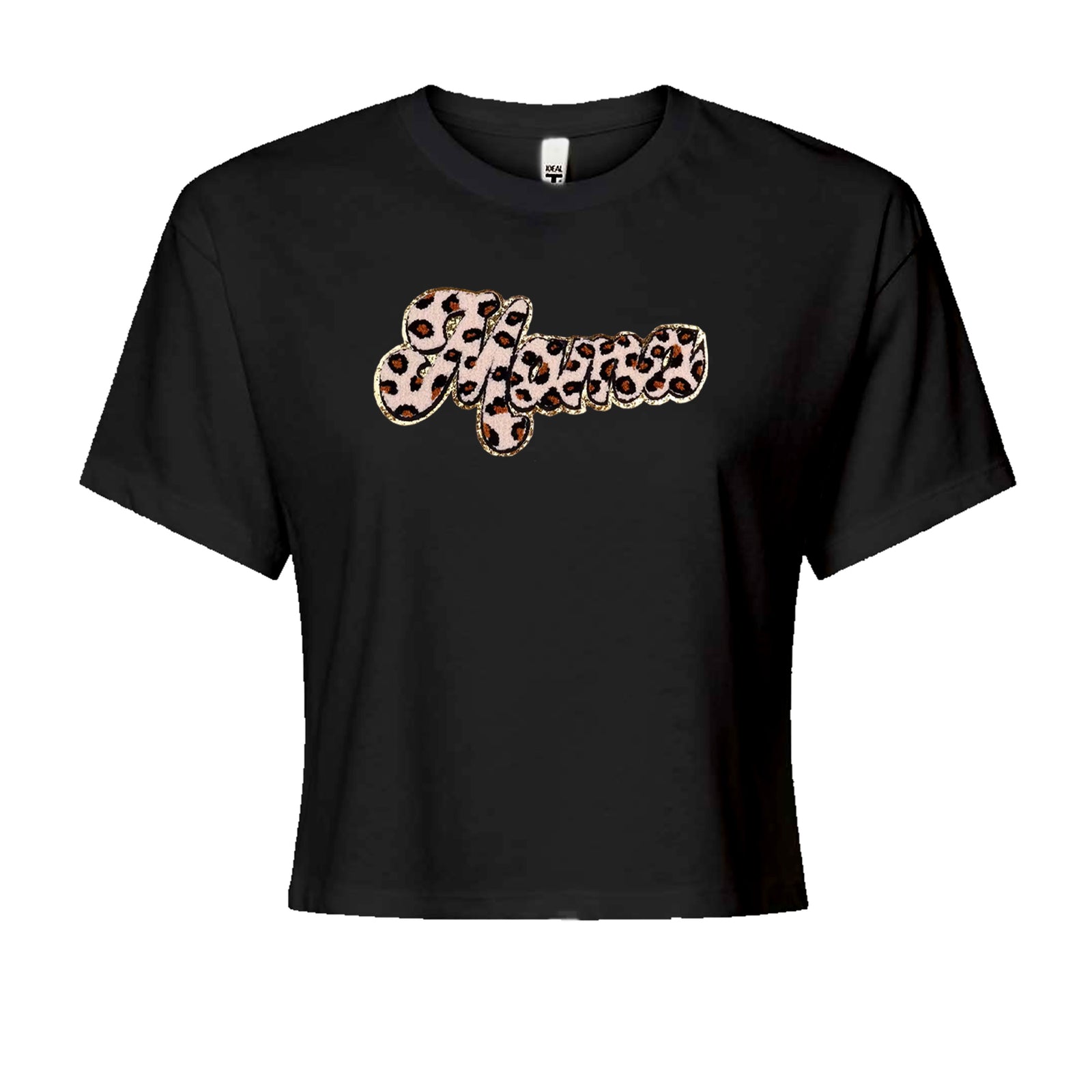 Mama Cheetah Print Glitter Chenille Patch Cropped T-Shirt Black