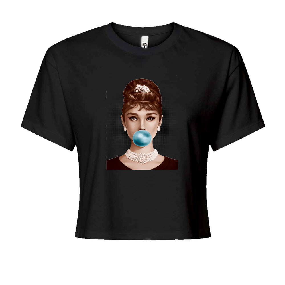 Audrey Hepburn Chewing Bubble Gum American Icon graphic on Women's Boxy Crop T-Shirt in Black