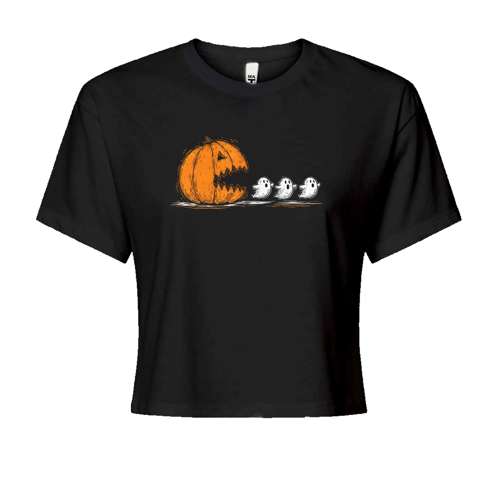 Pumpkin Pacman Chasing Ghosts Halloween Cropped T-Shirt Black
