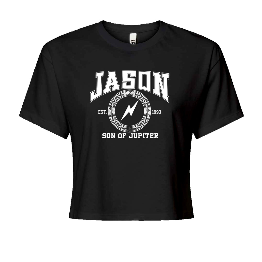 Electric-blue "Jason" lightning crest with Greek key ring on a women's boxy crop T-shirt