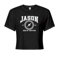 Electric-blue "Jason" lightning crest with Greek key ring on a women's boxy crop T-shirt