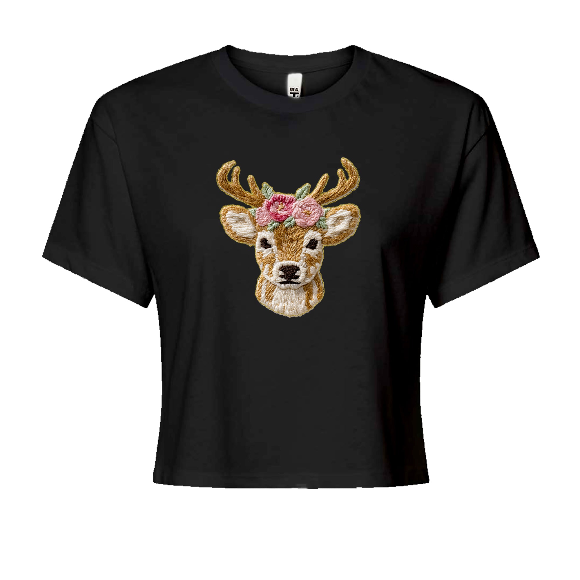 Vintage Reindeer Embroidery Art Soft Cottagecore Cropped T-Shirt White