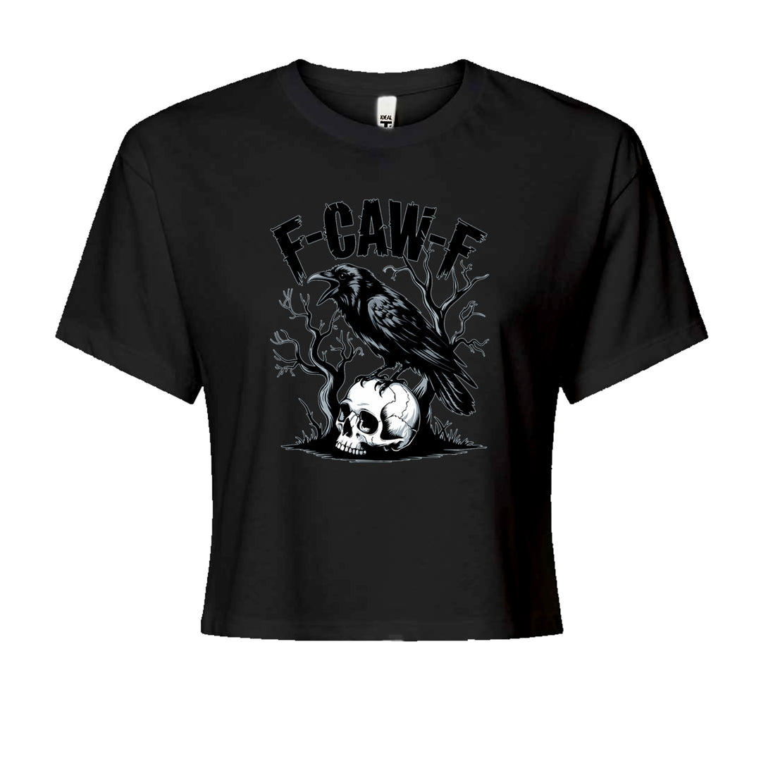 F-Caw-F Crow On Skull F-ck Off Gothic Cropped T-Shirt Black