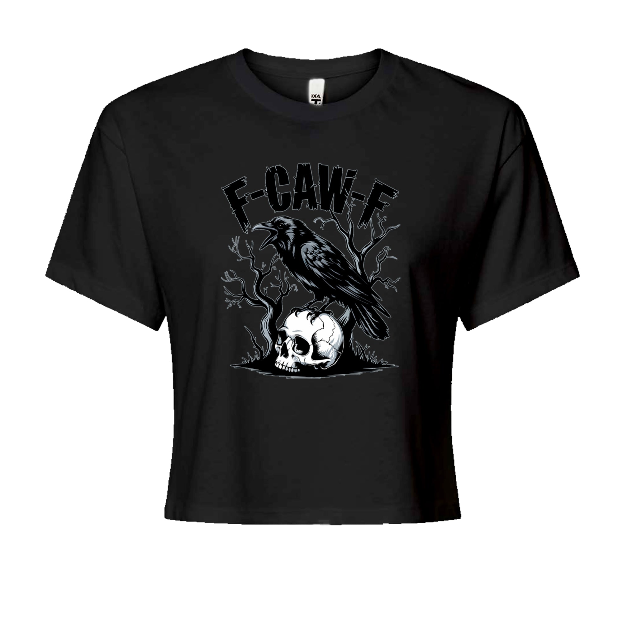 F-Caw-F Crow On Skull F-ck Off Gothic Cropped T-Shirt Black