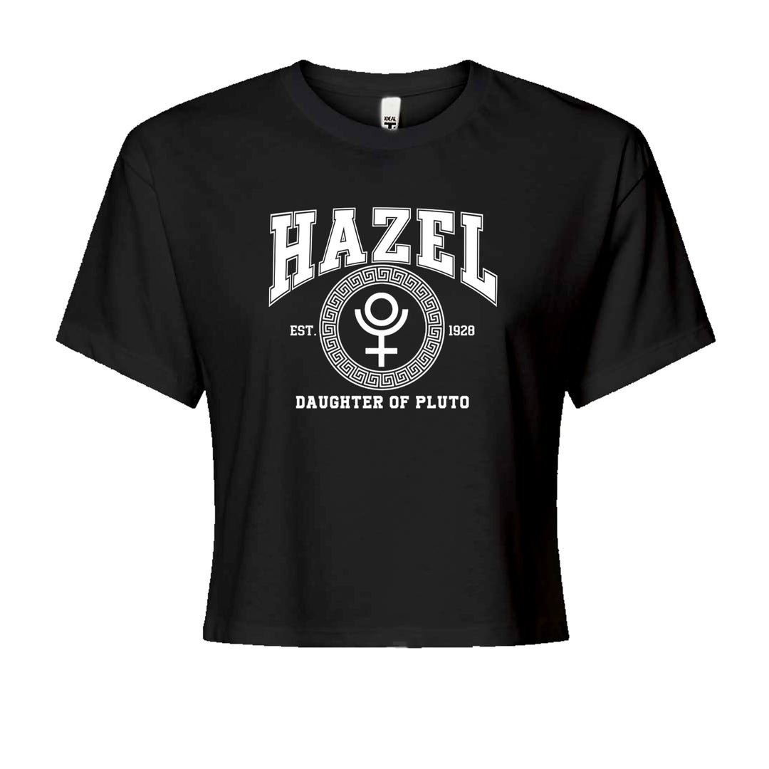 Roman myth varsity-style gold "Hazel" and "Daughter of Pluto" emblem on a Women's Boxy Crop T-Shirt