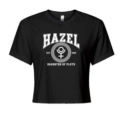 Roman myth varsity-style gold "Hazel" and "Daughter of Pluto" emblem on a Women's Boxy Crop T-Shirt