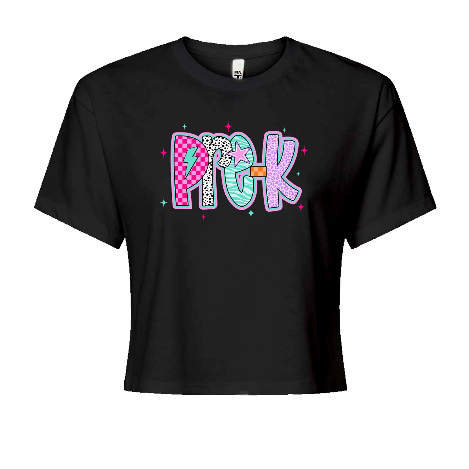 Pre-K Party Time Colorful Back to School Cropped T-Shirt Black