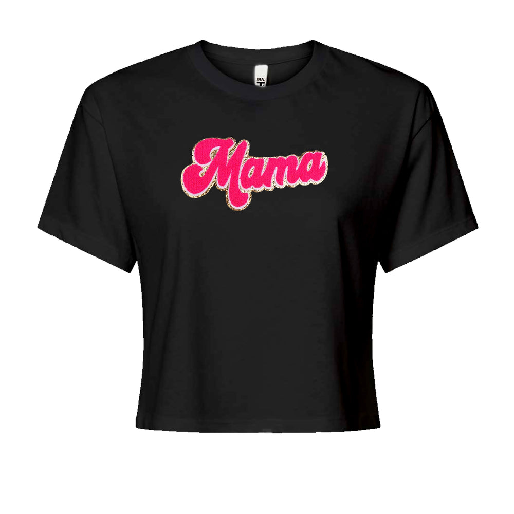 Mama Hot Pink Glitter Chenille Patch Cropped T-Shirt Black