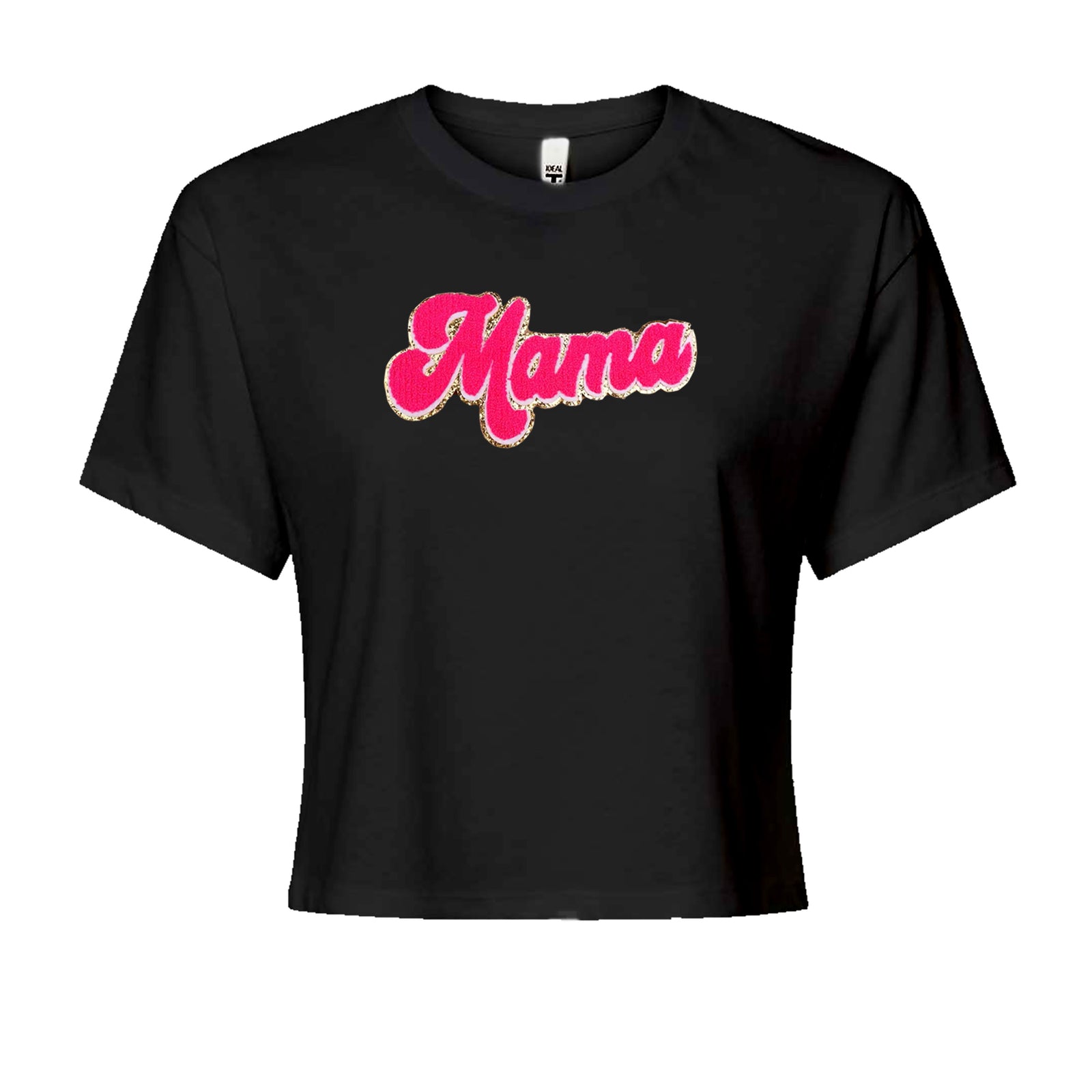 Mama Hot Pink Glitter Chenille Patch Cropped T-Shirt Khaki
