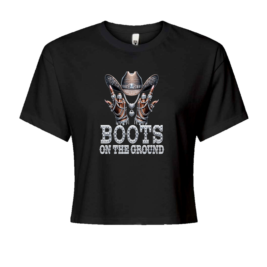 Boots On The Ground Bling graphic on Women's Boxy Crop T-Shirt with rhinestone-style cowgirl hat and iced-out jewelry details