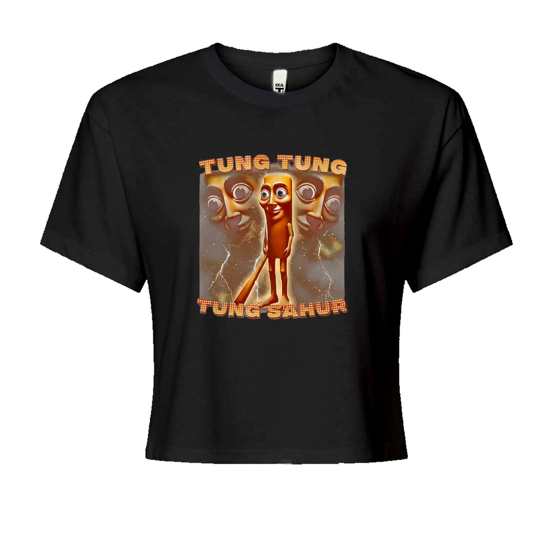 "TUNG TUNG TUNG SAHUR" text with spooky-funny enforcer character on a Women's Boxy Crop T-Shirt