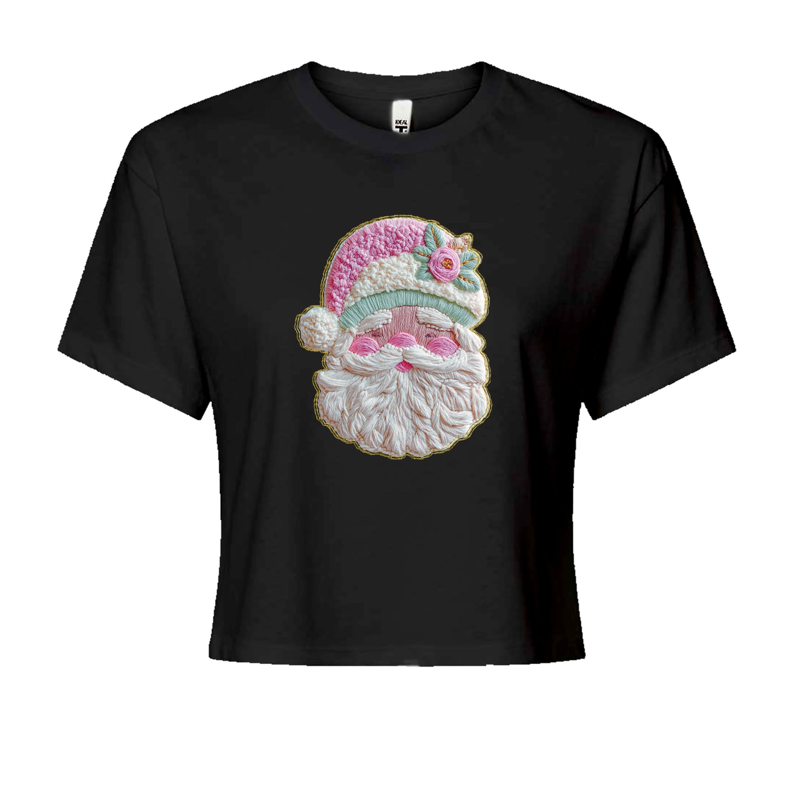Vintage Santa Embroidery Art Soft Cottagecore Cropped T-Shirt Jelly Bean