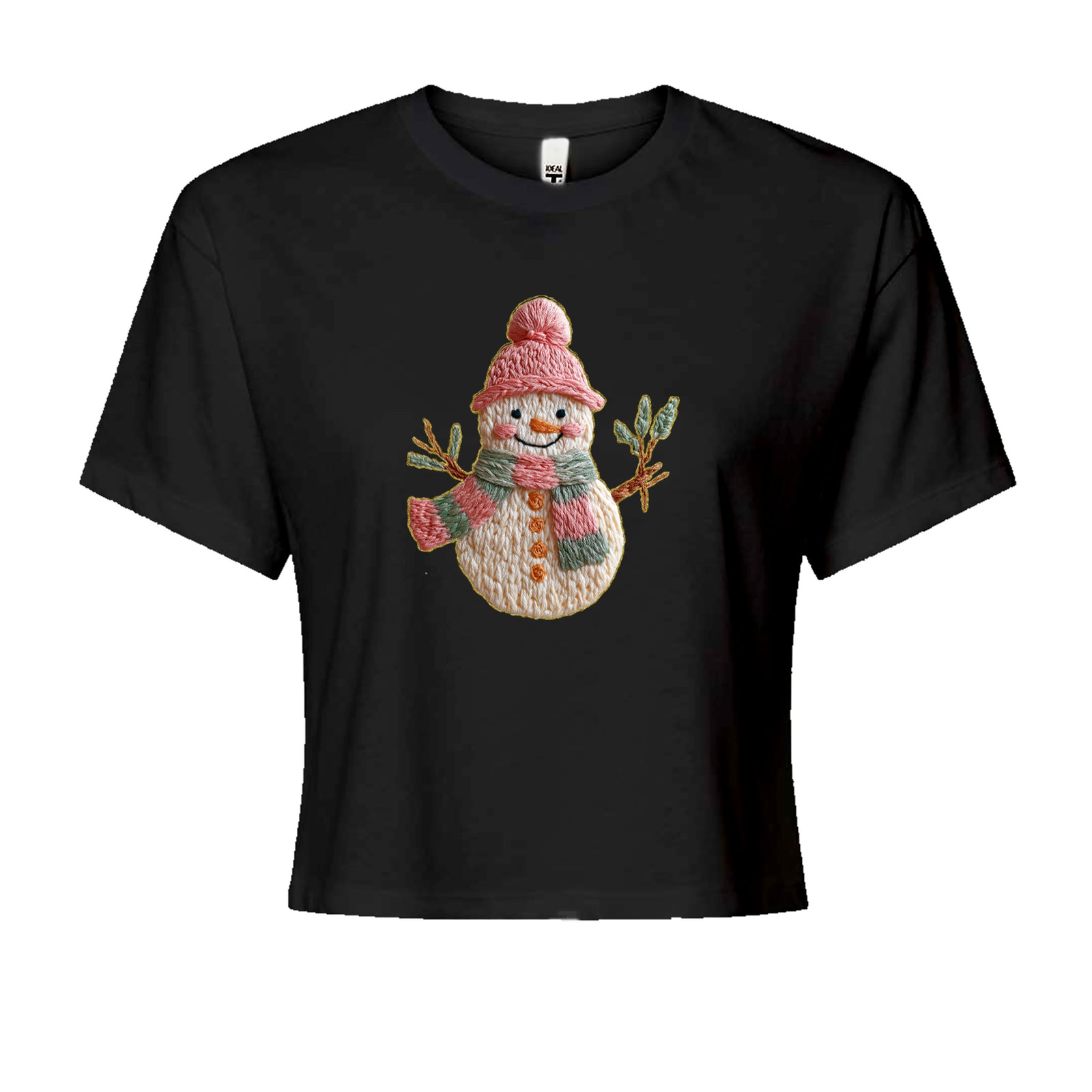 Vintage Snowman Embroidery Art Soft Cottagecore Cropped T-Shirt Black