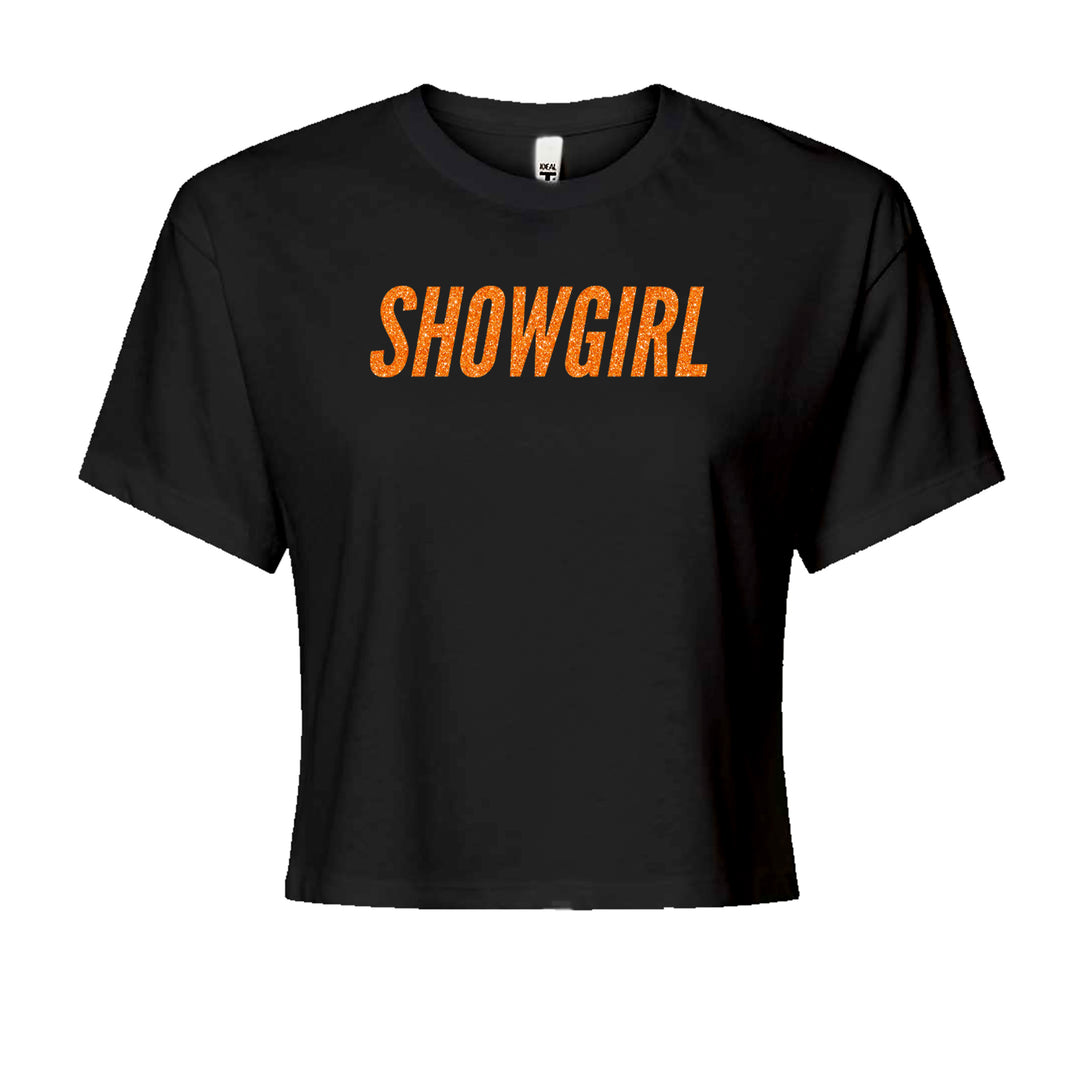 Orange glitter-style "SHOWGIRL" wordmark on a Women's Boxy Crop T-Shirt with crew neck and short sleeves