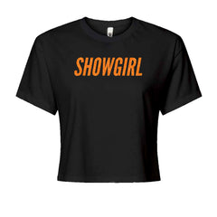 Orange glitter-style "SHOWGIRL" wordmark on a Women's Boxy Crop T-Shirt with crew neck and short sleeves