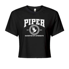 Aphrodite rebel-heart varsity artwork with dove emblem and Greek-key circle on a Women's Boxy Crop T-Shirt