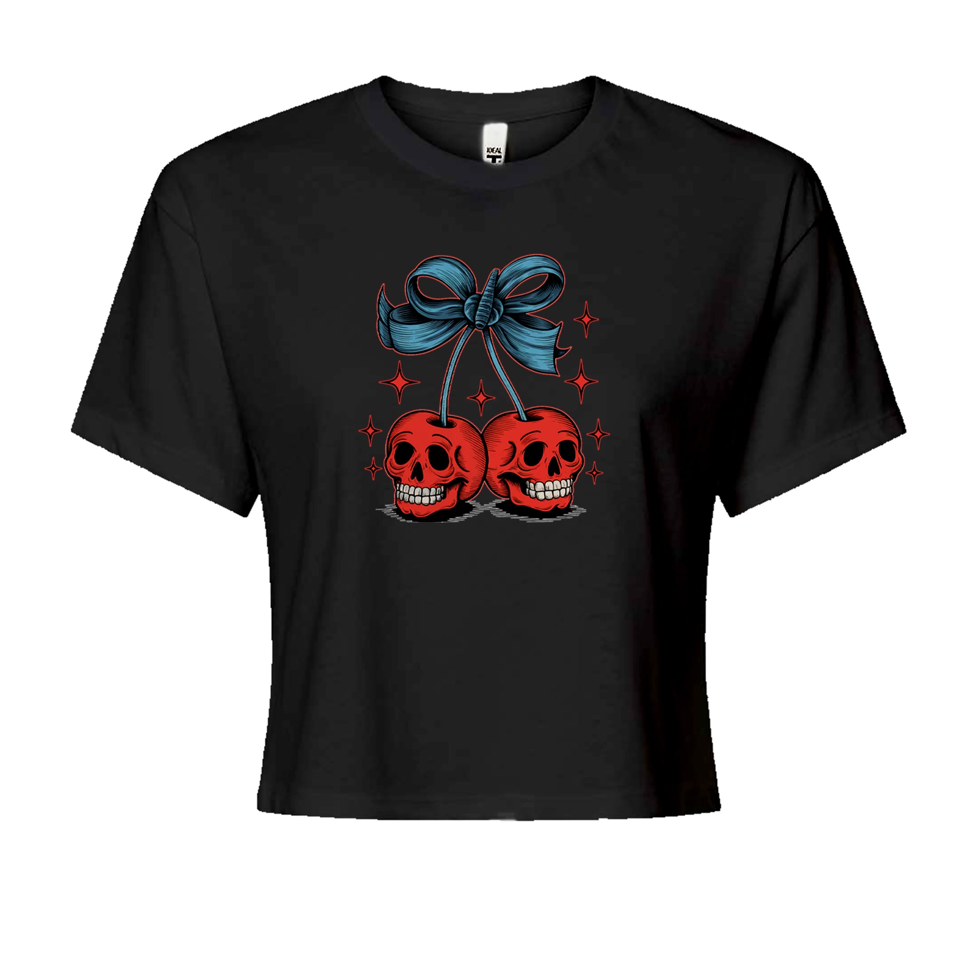 Cherry Skulls Retro Tattoo Cropped T-Shirt Black