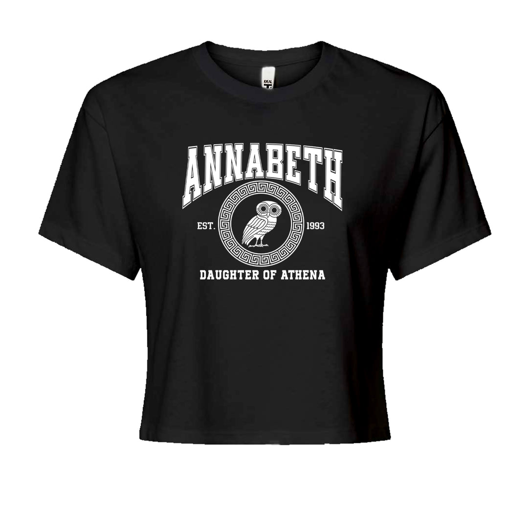 Annabeth Daughter of Athena owl crest with Greek key circle on Women's Boxy Crop T-Shirt