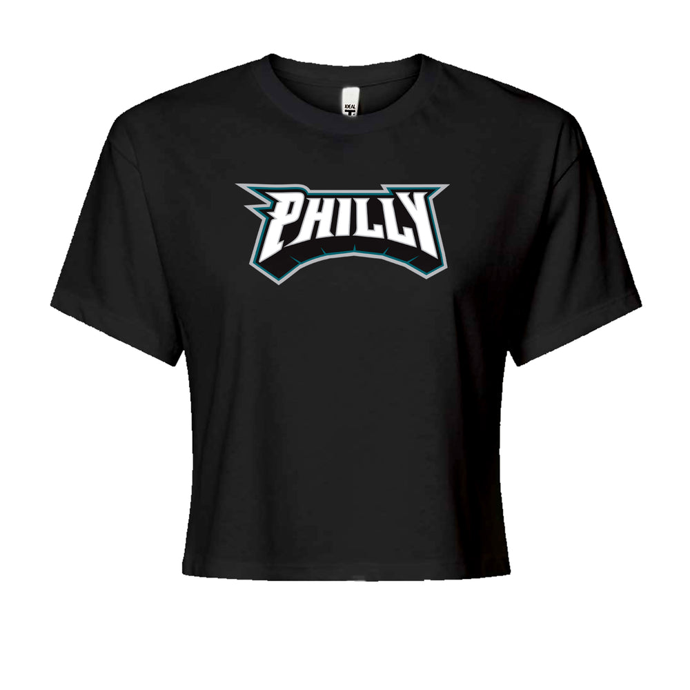 Philly Bold Block Throwback graphic on Women's Boxy Crop T-Shirt in Black