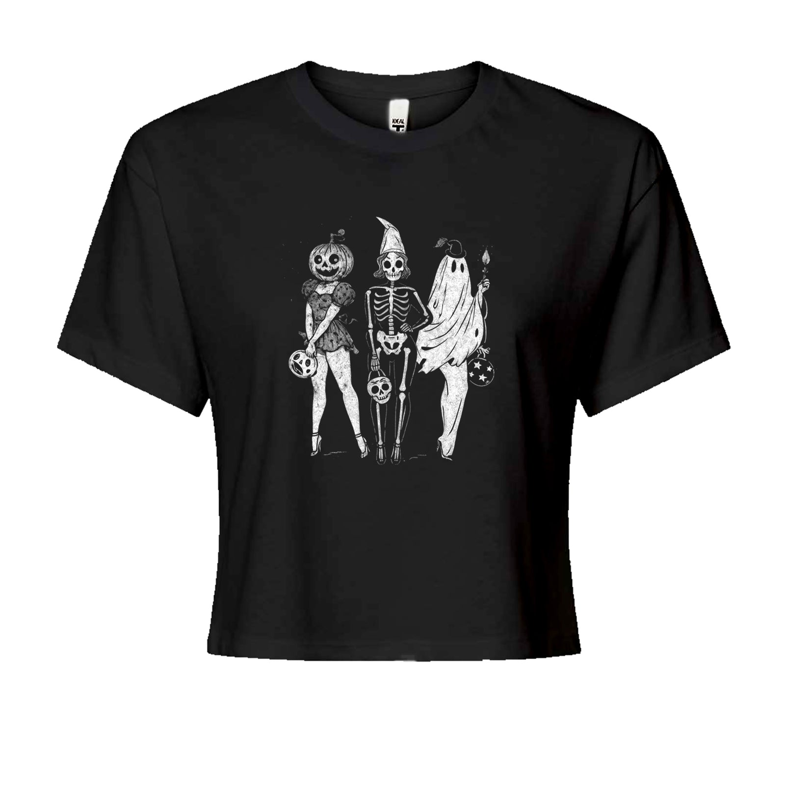Vintage Spooky Squad Pinup Halloween Design Cropped T-Shirt Black