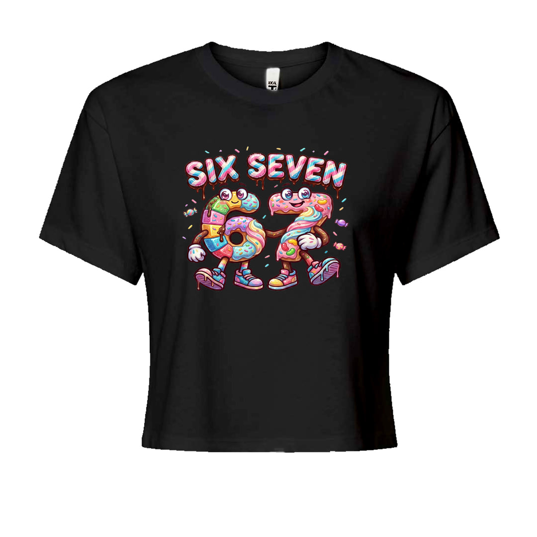 Candy-themed "six seven" meme artwork with drippy chocolate letters and frosted 6 and 7 characters on a Women's Boxy Crop T-Shirt