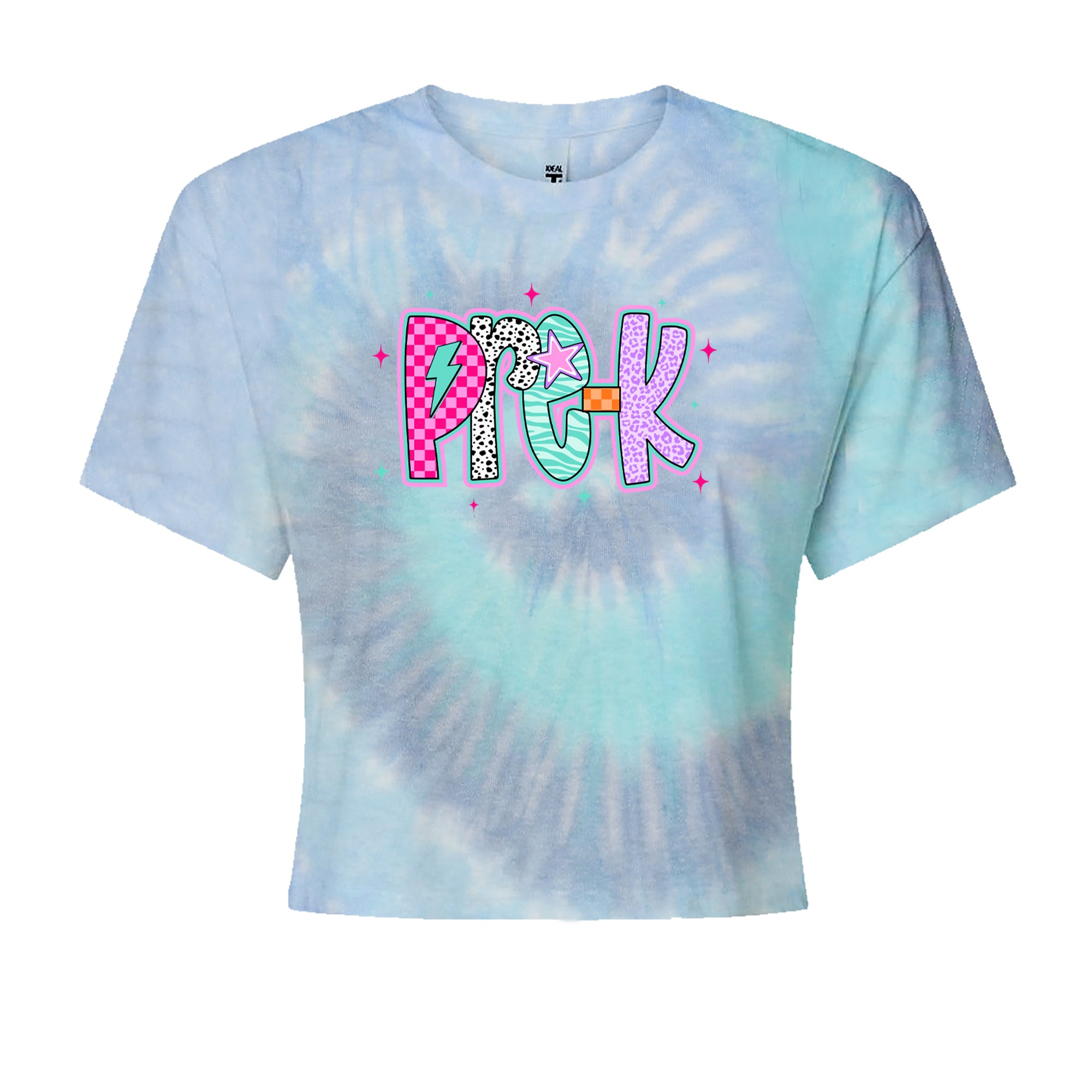 Pre-K Party Time Colorful Back to School Cropped T-Shirt Blue Clouds