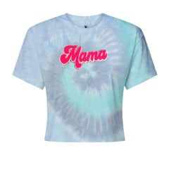 Mama Hot Pink Glitter Chenille Patch Cropped T-Shirt Blue Clouds