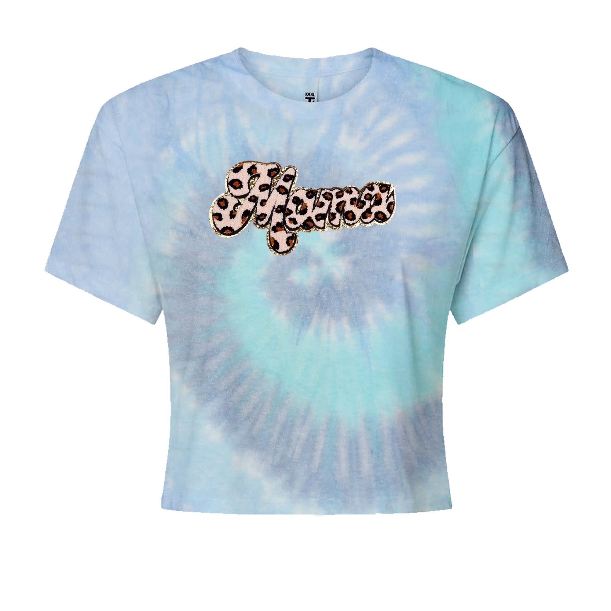 Mama Cheetah Print Glitter Chenille Patch Cropped T-Shirt Blue Clouds