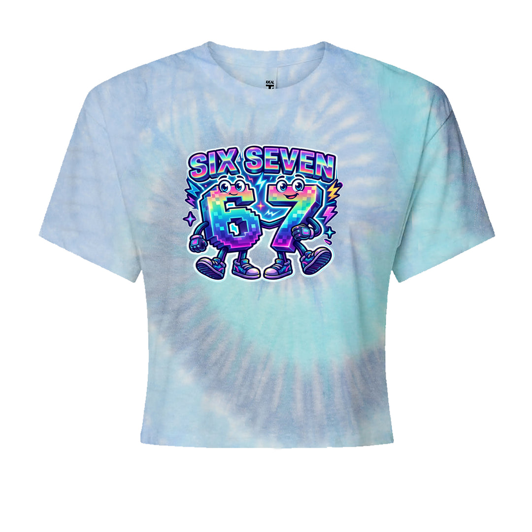 Six Seven 67 Retro Pixel Buddies Cropped T-Shirt Blue Clouds