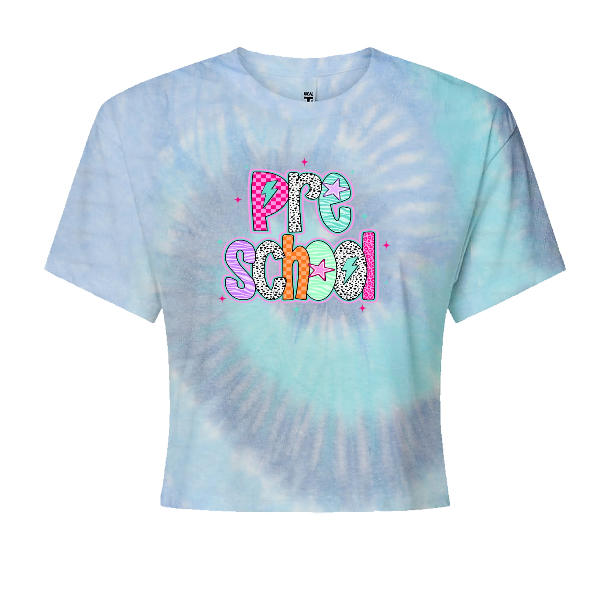 Preschool Power Colorful Back to School Cropped T-Shirt Blue Clouds