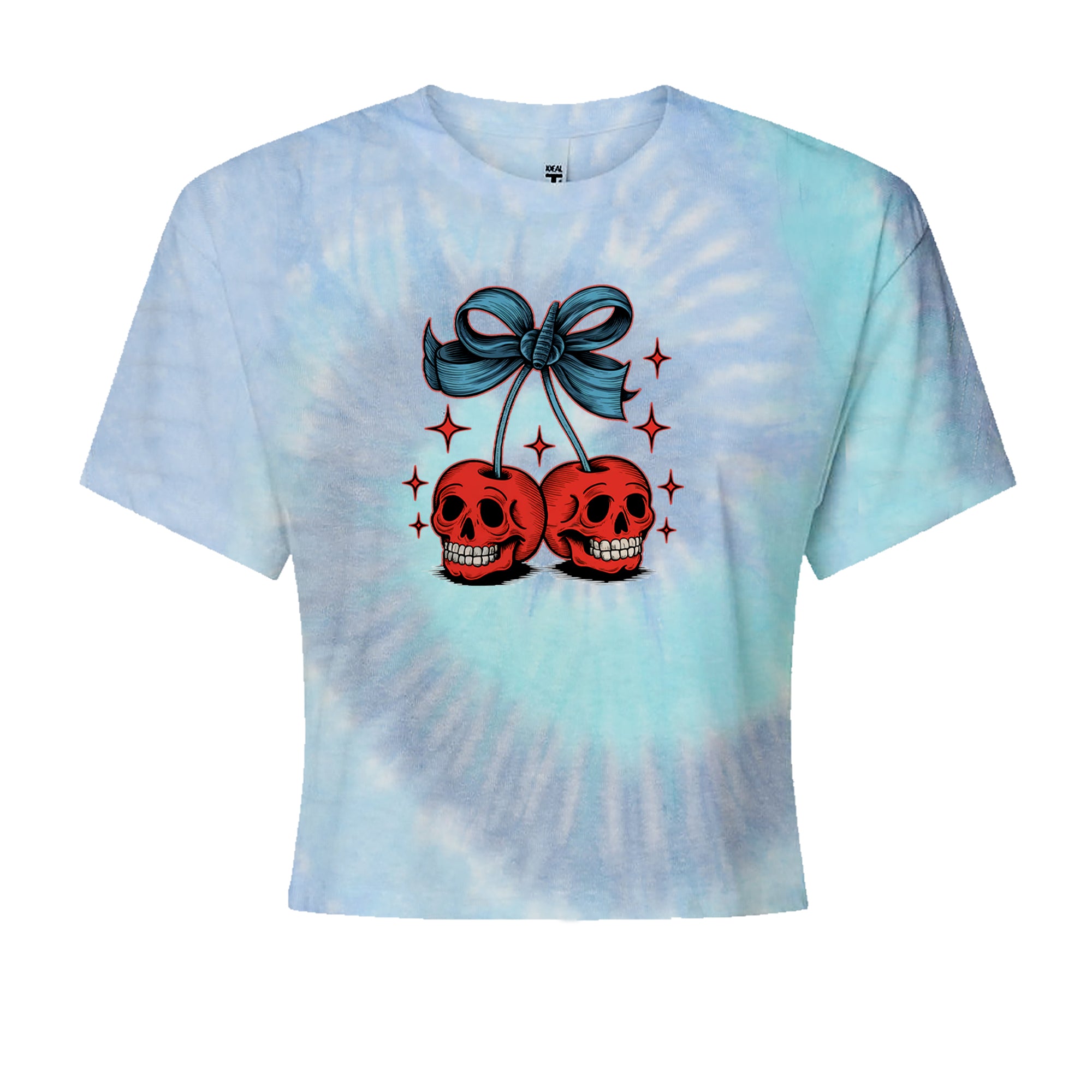 Cherry Skulls Retro Tattoo Cropped T-Shirt Blue Clouds