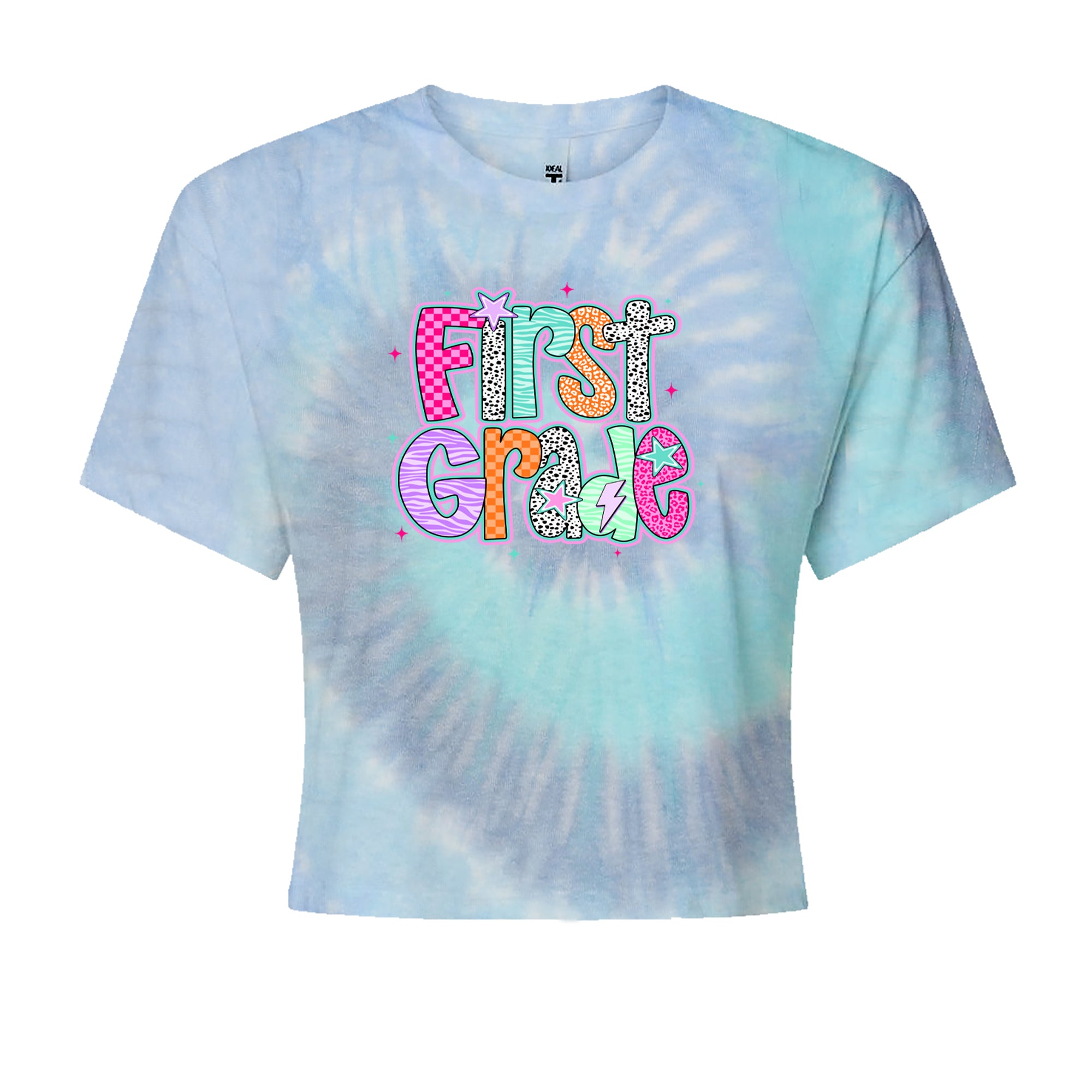 First Grade Vibes Colorful Back to School Cropped T-Shirt Blue Clouds