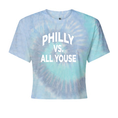 Philly Vs. All Youse Philly Thing graphic on Women's Boxy Crop T-Shirt in Blue Clouds