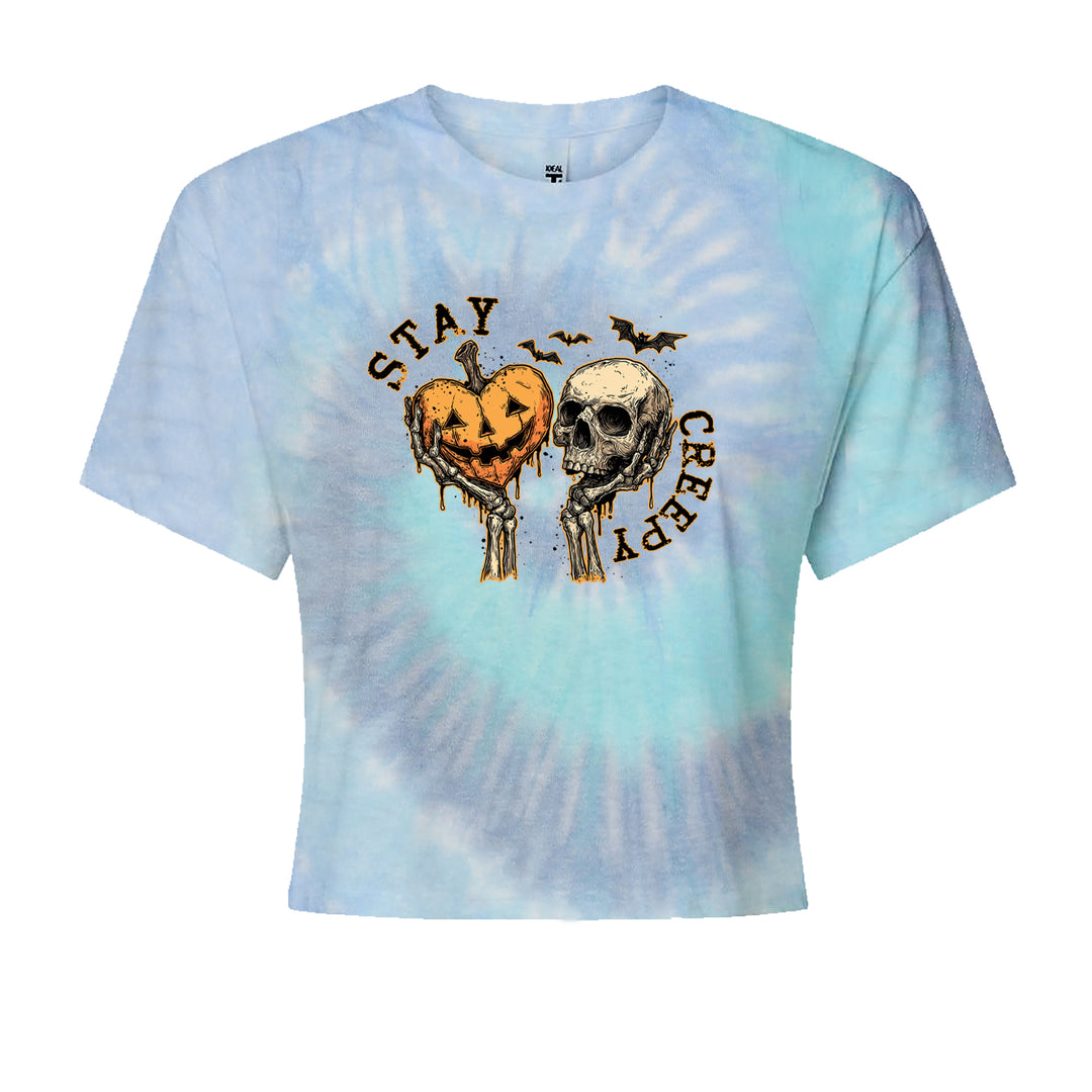 Stay Creepy Skull and Pumpkin Halloween Cropped T-Shirt Blue Clouds