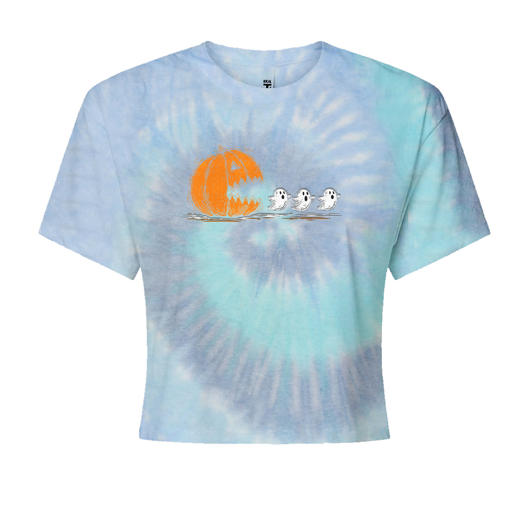Pumpkin Pacman Chasing Ghosts Halloween Cropped T-Shirt Blue Clouds