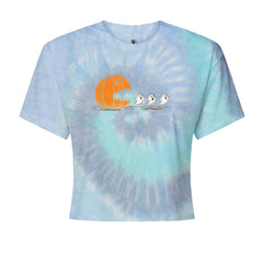 Pumpkin Pacman Chasing Ghosts Halloween Cropped T-Shirt Blue Clouds