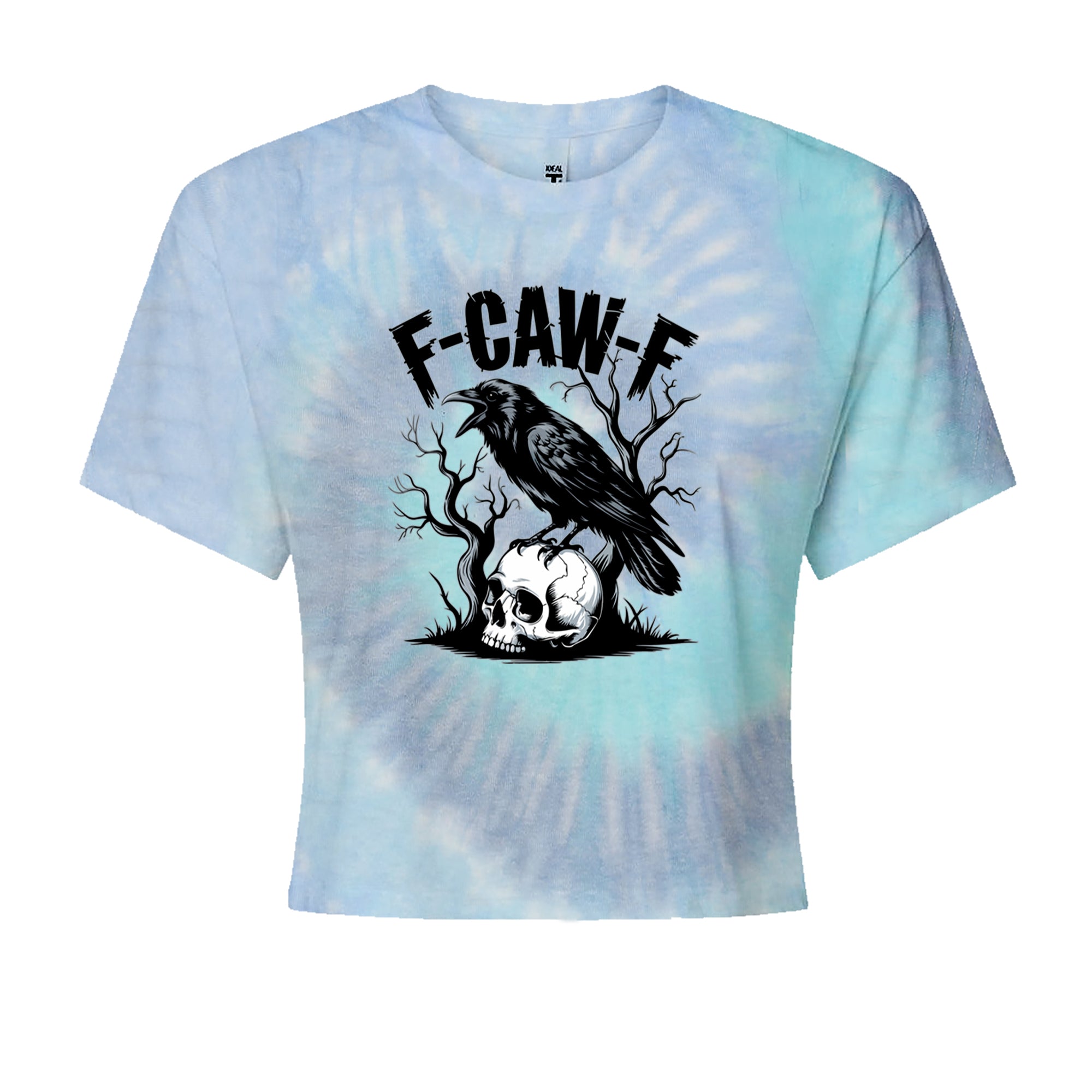 F-Caw-F Crow On Skull F-ck Off Gothic Cropped T-Shirt Blue Clouds
