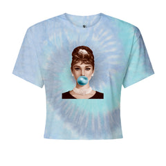 Audrey Hepburn Chewing Bubble Gum American Icon Cropped T-Shirt Blue Clouds