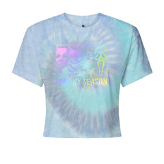 Spooky Season Horror Icons Halloween Cropped T-Shirt Blue Clouds