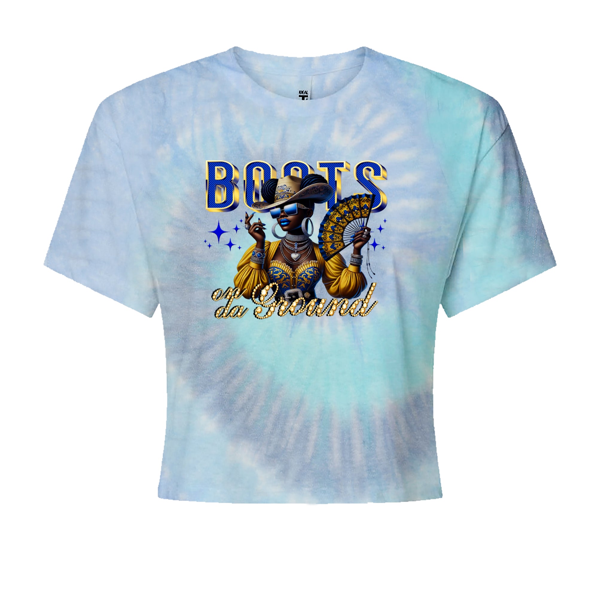 Boots On Da Ground Folding Fan Cropped T-Shirt Blue Clouds