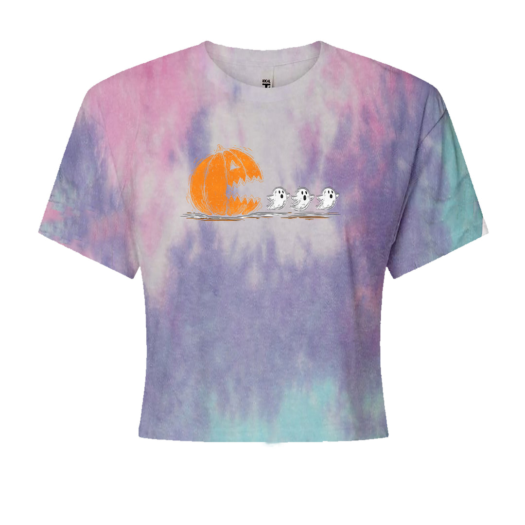 Pumpkin Pacman Chasing Ghosts Halloween Cropped T-Shirt Cotton Candy