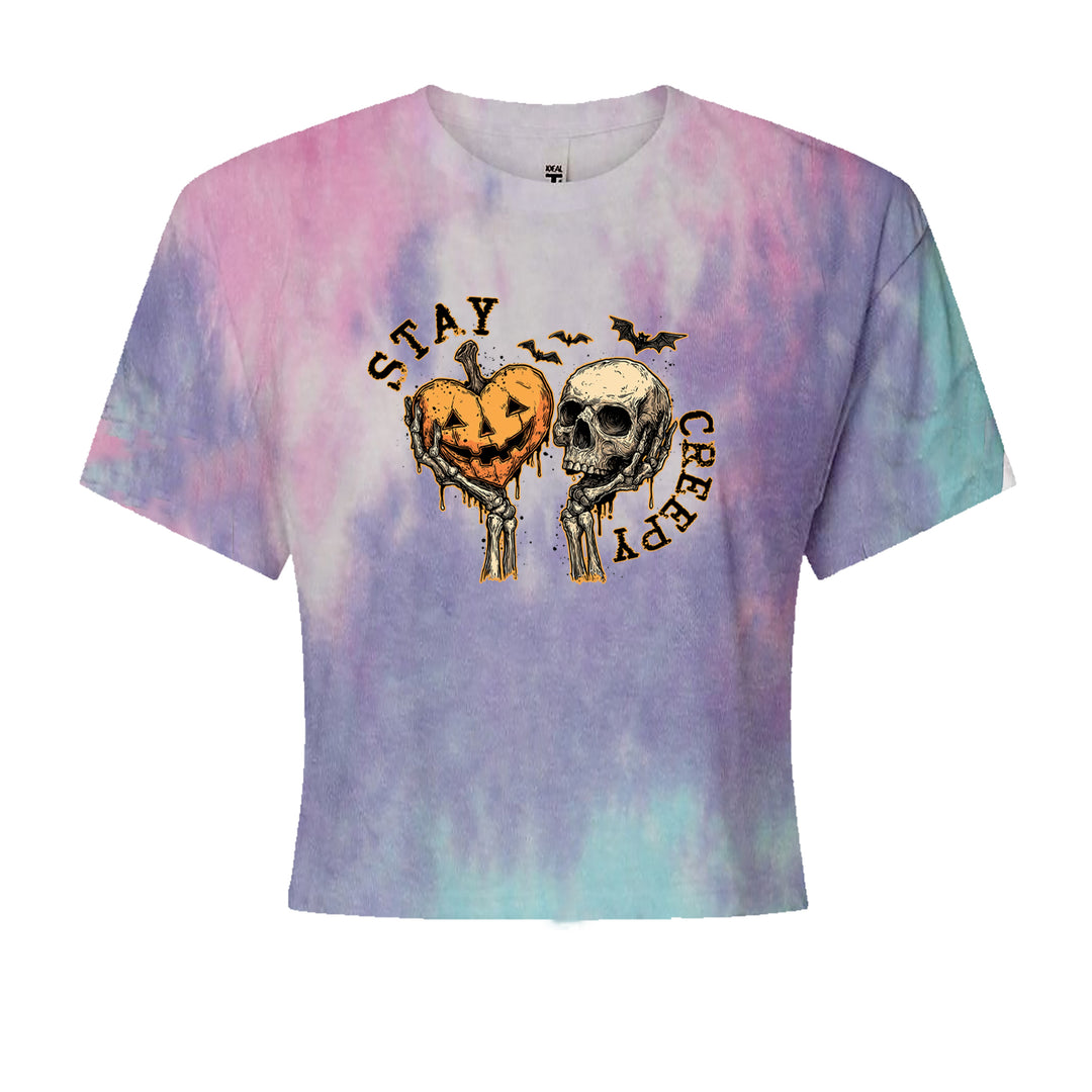 Stay Creepy Skull and Pumpkin Halloween Cropped T-Shirt Cotton Candy