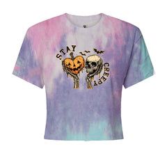 Stay Creepy Skull and Pumpkin Halloween Cropped T-Shirt Cotton Candy