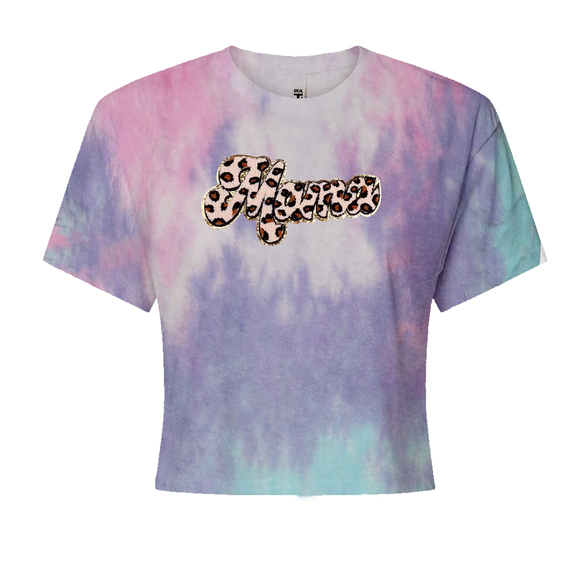 Mama Cheetah Print Glitter Chenille Patch Cropped T-Shirt Cotton Candy
