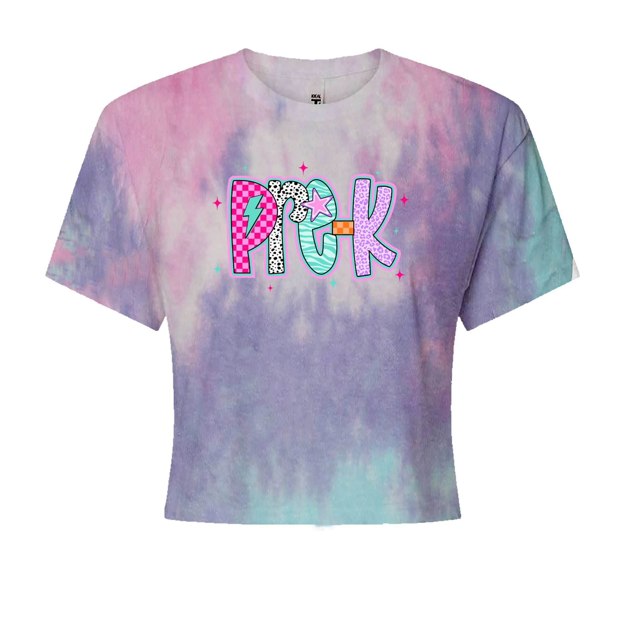 Pre-K Party Time Colorful Back to School Cropped T-Shirt Cotton Candy