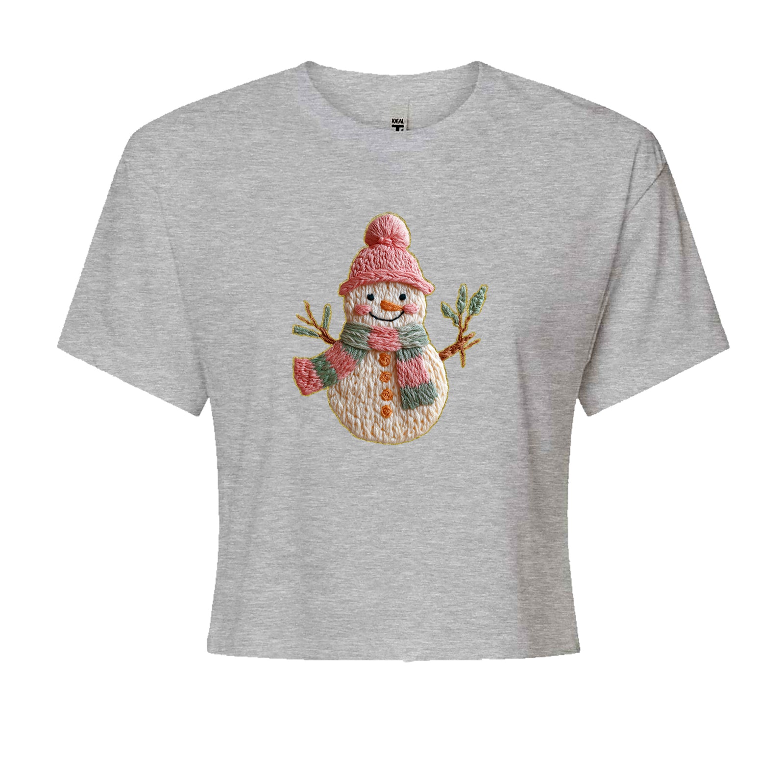 Vintage Snowman Embroidery Art Soft Cottagecore Cropped T-Shirt Black